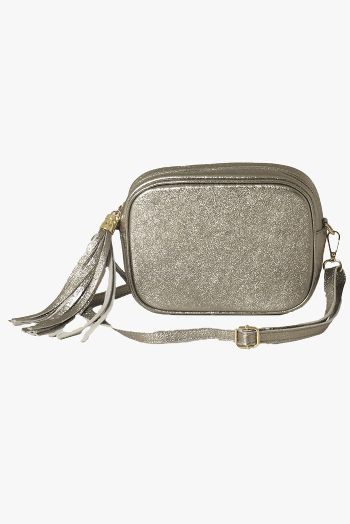 shimmery metallic pewter leather crossbody bag 