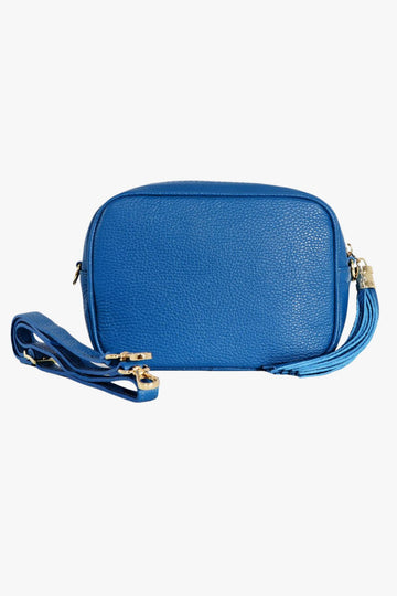 royal blue leather camera bag with matching detachable bag strap