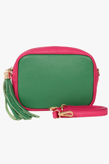 green and pink two tone crossbody bag with pink detachable strap