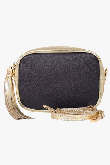 navy blue and gold leather crossbody camera bag with gold detachable bag strap