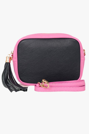 navy blue and hot pink two tone crossbody leather camera bag, zip closure