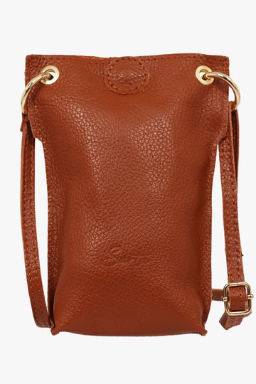 tan leather crossbody phone pouch bag, embossed with the sarta logo