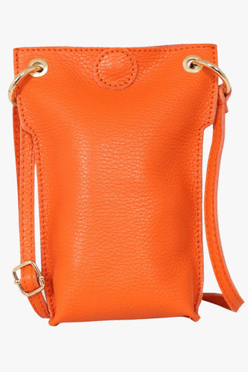 orange leather crossbody phone pouch with a magnetic snap closure