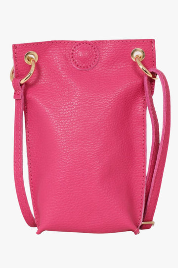 pink italian leather crossbody phone bag with snap closure