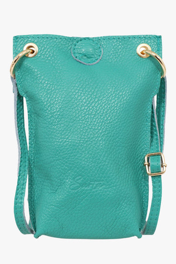 jade coloured leather phone bag with snap closure and a crossbody strap