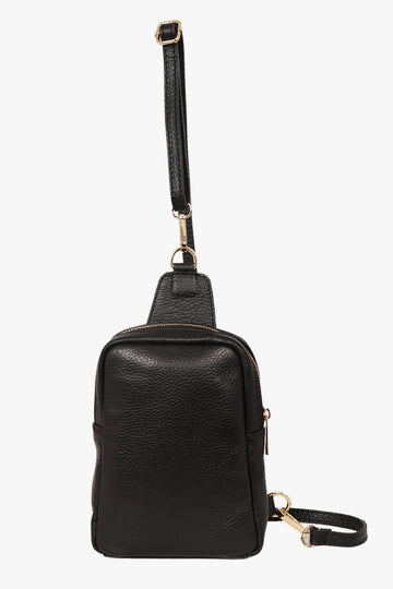 black italian leather sling bag, crossbody bag with zip closure