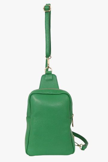 green leather compact sling bag with detachable bag strap