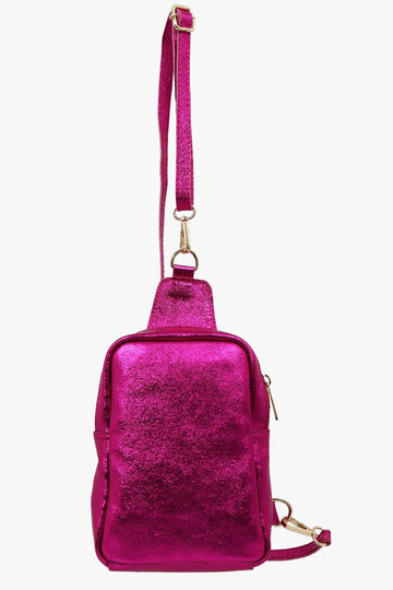 metallic pink shimmery leather crossbody sling bag with zip closure