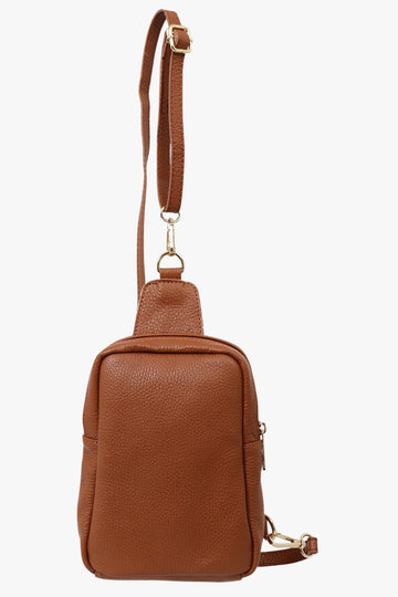 tan brown leather crossbody sling bag with zip closure