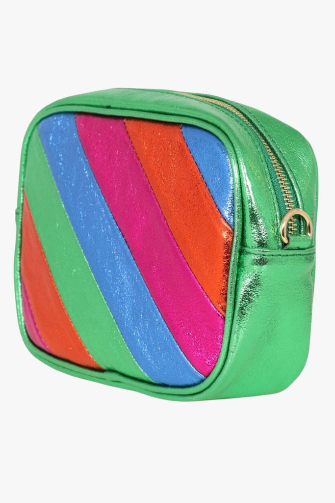 green rainbow strips crossbody camera bag, zip closure