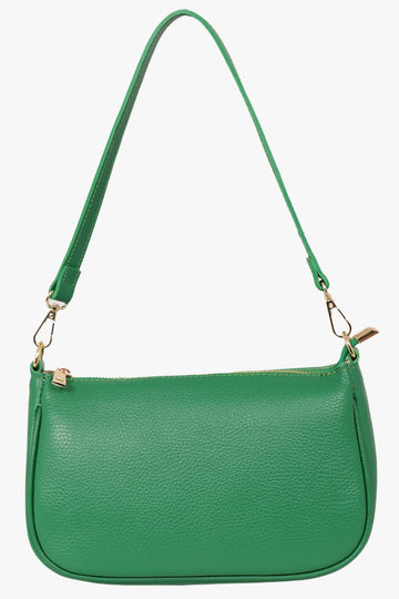 green leather baguette clutch bag with a detachable strap