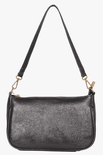 a dark gun metal grey leather baguette bag, zip closure