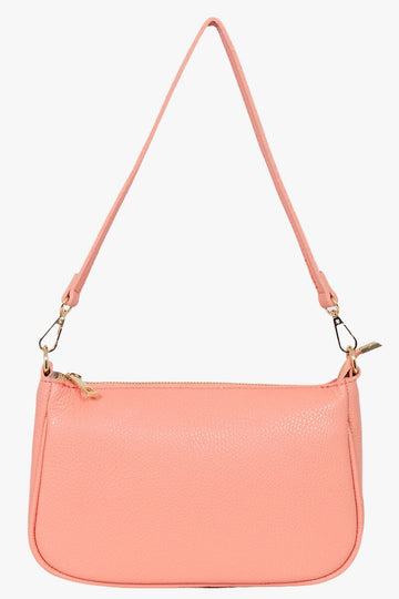 salmon pink leather baguette clutch bag with zip closure