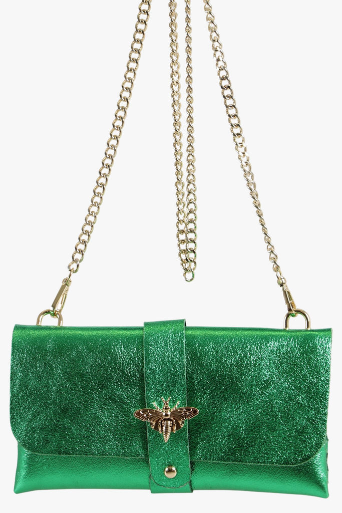 metallic green leather clutch bag with gold chain strap and a gold bee clasp on the front