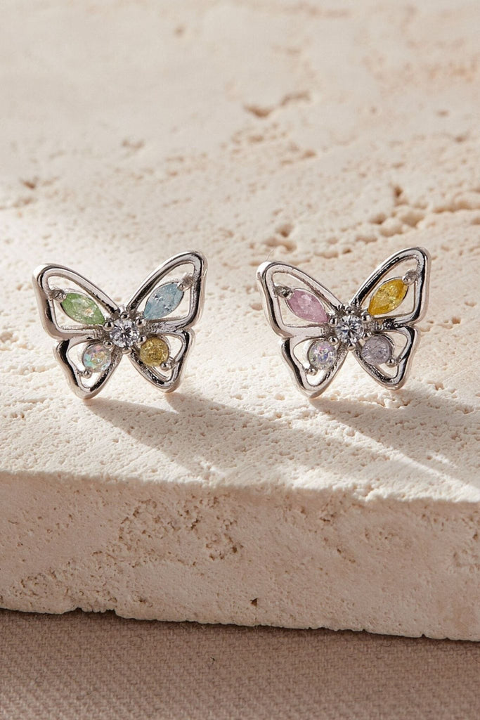 silver butterfly outline stud earrings with pastel coloured cz crystals