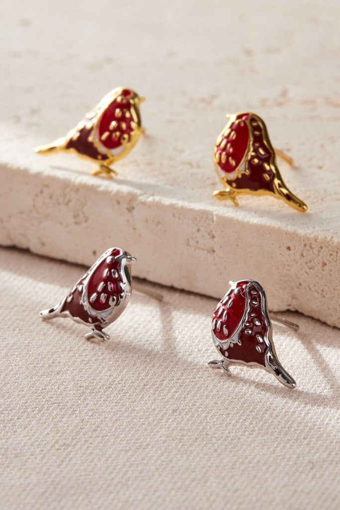 sterling silver red robin stud earrings in silver and plated gold with a red enamel finish