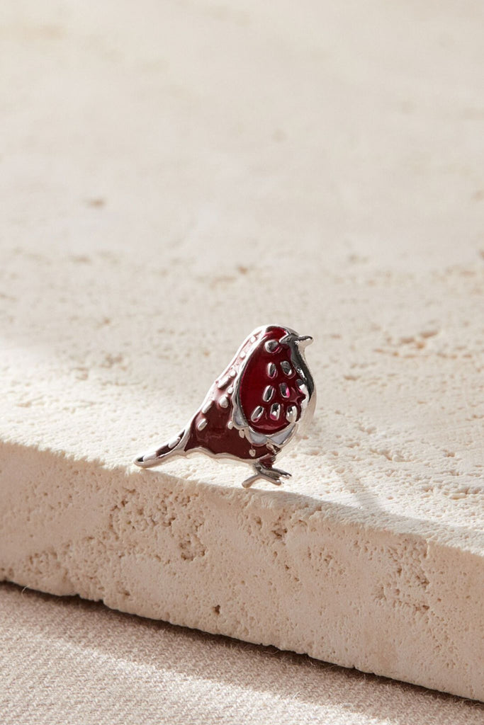 close up of the silver colourway of the red robin stud earring