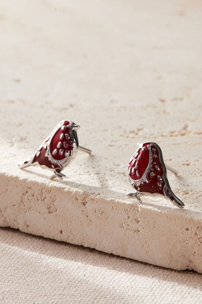 showing a pair of silver and red robin bird stud earrings