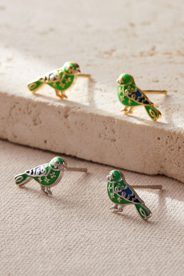 greenfinch bird stud earrings in sterling silver and gold, showing both colourways