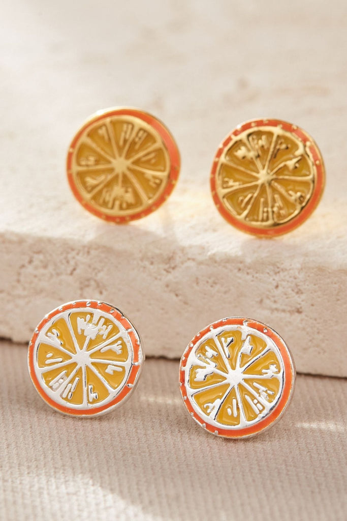 sterling silver orange fruit stud earrings, looking like an orange slice, available with silver or plated gold