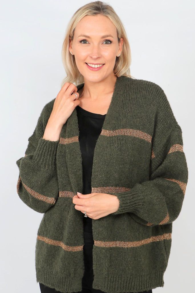 khaki green open front cardigan with a gold stripe throughout