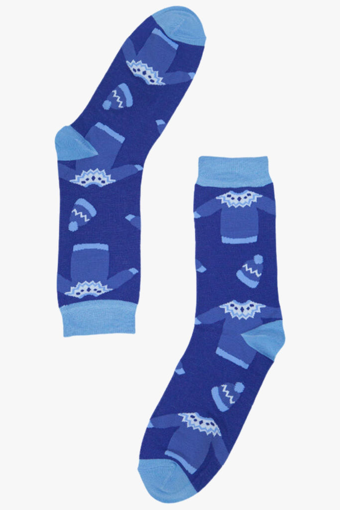 blue socks with a christmas sweater patterns