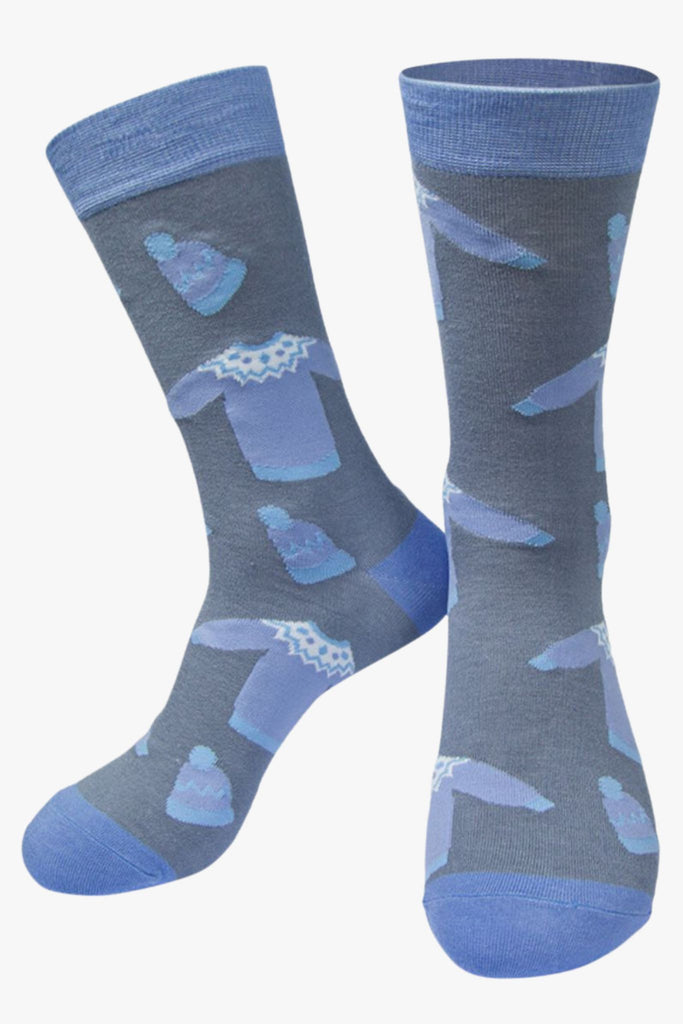 grey and lilac bamboo socks with a pattern of winter jumpers on them