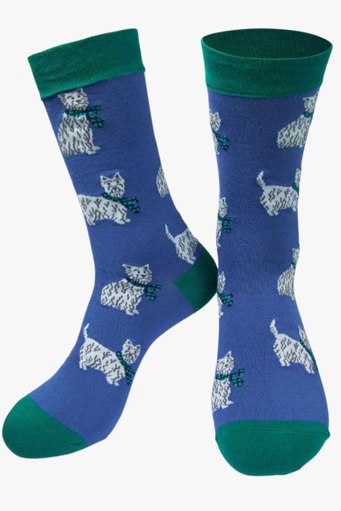 blue bamboo dress socks with west highland terriers all over