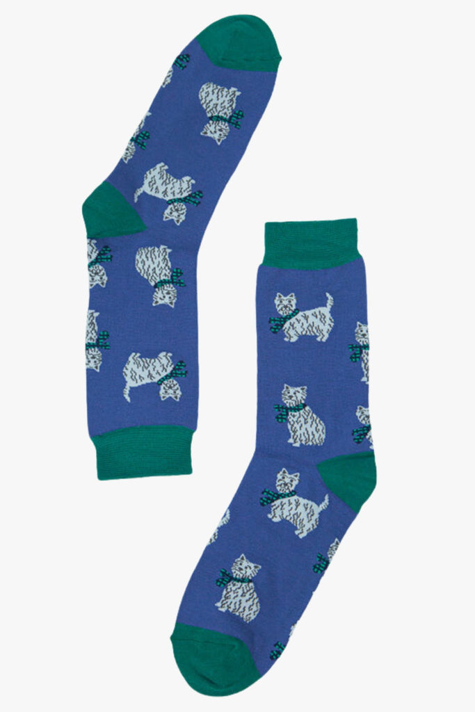 men's blue bamboo socks featuring west highland terrier dogs