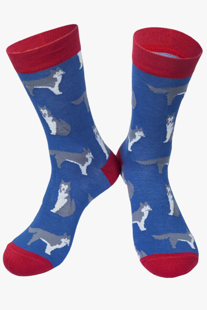 blue and red dress socks with husky dogs