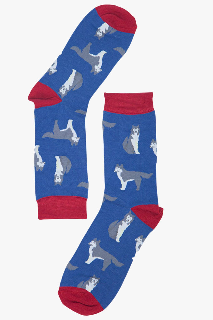 men's blue bamboo socks with siberian huskiies