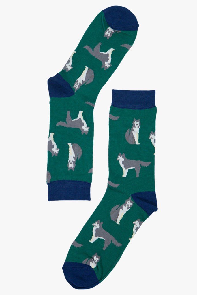 green bamboo dress socks with siberian husky dogs