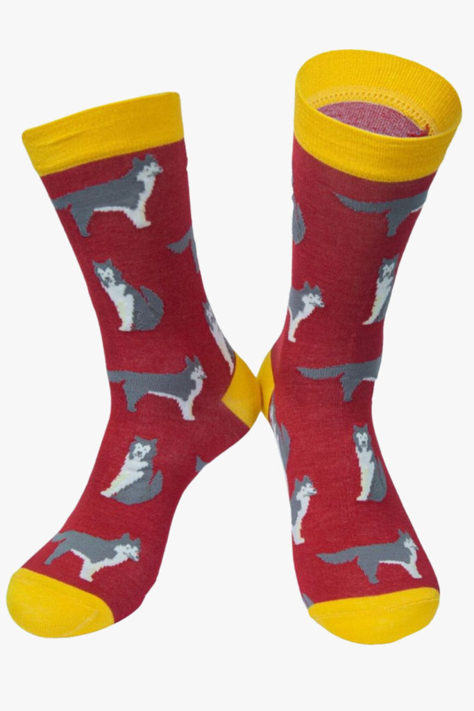 red and yellow men's bamboo dress socks with siberian huskies