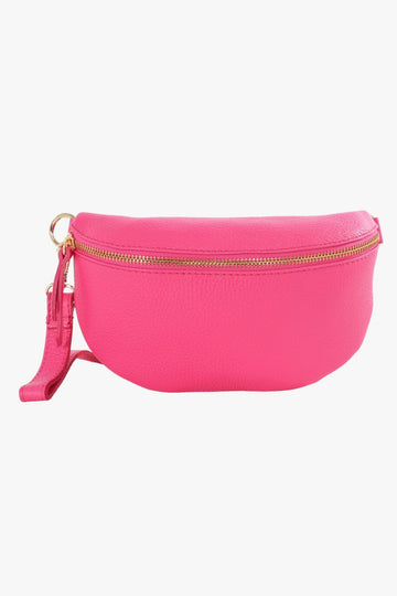 fuchsia pink leather hald moon bag with detachable strap