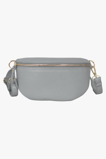 light grey leather half moon bag with zip closure