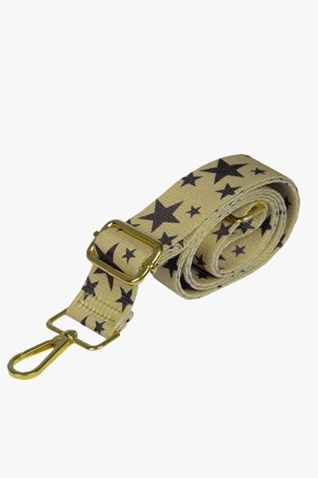 beige and black star pattern detachable bag strap with gold hardware