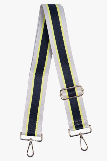 black, grey and yellow striped bag strap with gold hardware