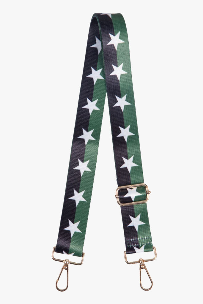 khaki and black striped bag strap with a white star print pattern down the middle, gold clip on hardware