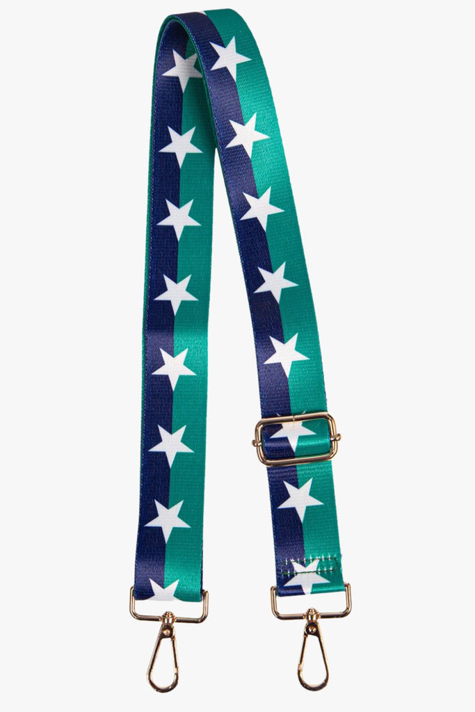 navy blue and green colourblock bag strap with a white star pattern down the middle, gold clip on attachments