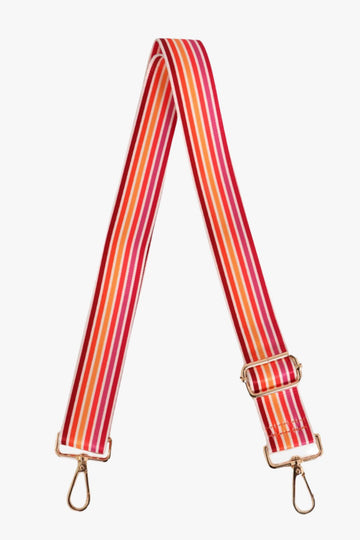 red , pink and orange striped bag strap with gold hardware