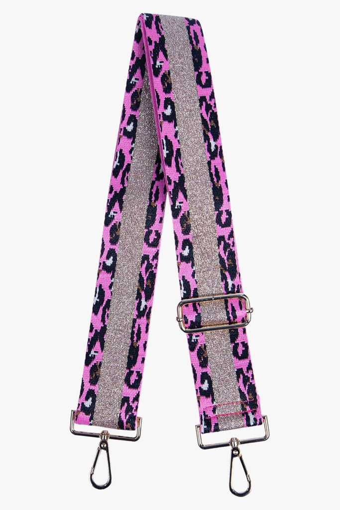 pink animal print bag strap with a gold glitter stripe down the middle, gold hardware