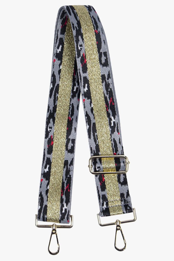 grey animal print bag strap with gold glitter stripe in the middle, gold clip on attachements