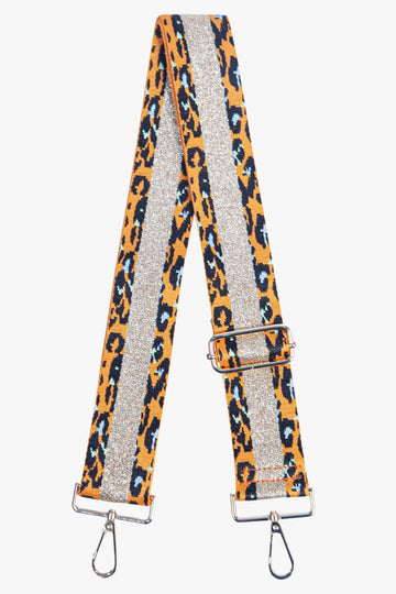 orange animal print bag strap with a gold glitter stripe in the middle, gold clip on attachements