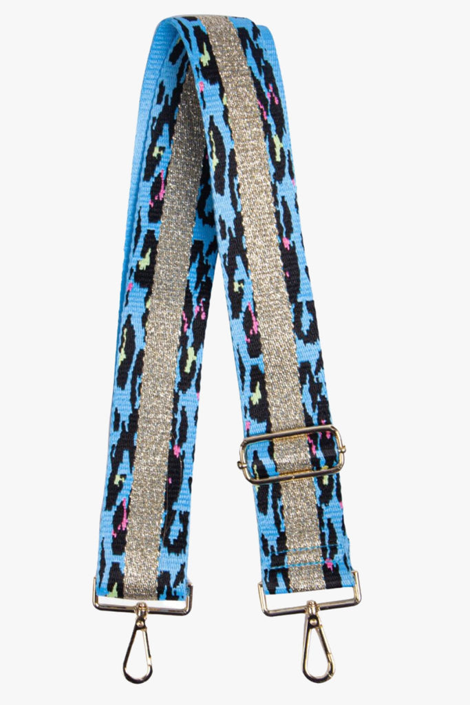 blue animal print bag strap with a gold gltter stripe down the middle, gold clip on hardware