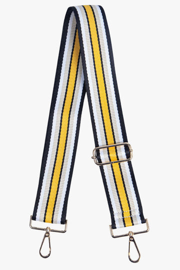yellow colourblock striped bag strap with gold clip on attachments, strap had black striped edges