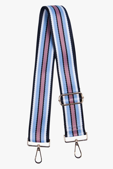 blue and pink striped bag strap with gold clip on hardware