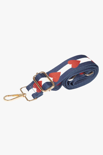 navy blue and white striped bag strap with red love hearts in the middle, gold clip on attachments