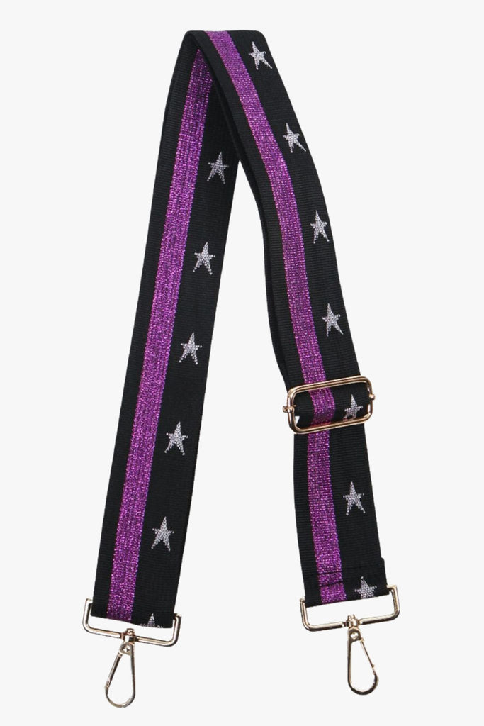 black and purple glitter bag strap with silver star print 