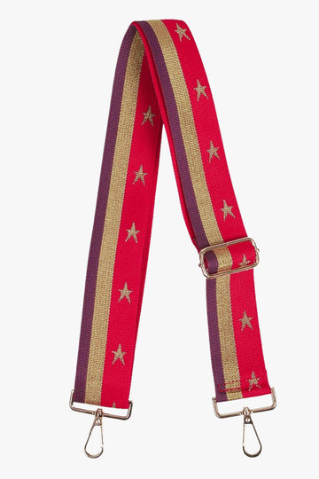 red, gold and purple striped bag strap with gold star print 