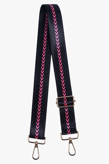 black and pink chevron pattern bag strap with gold hardware